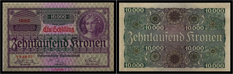 Österreich - 1 Schilling (10.000 Kronen) 1924, Ausgegebene Note. Beigabe: ohne A...