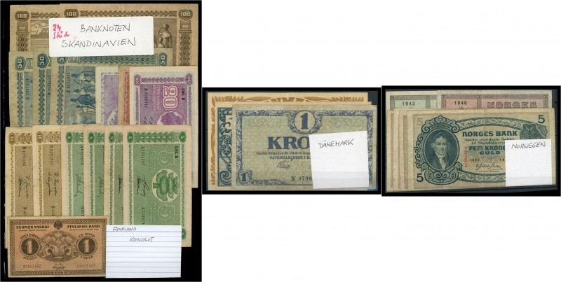 Skandinavien - Lot von 24 Banknoten, kleine Serie Finnland, Dänemark und Norwege...