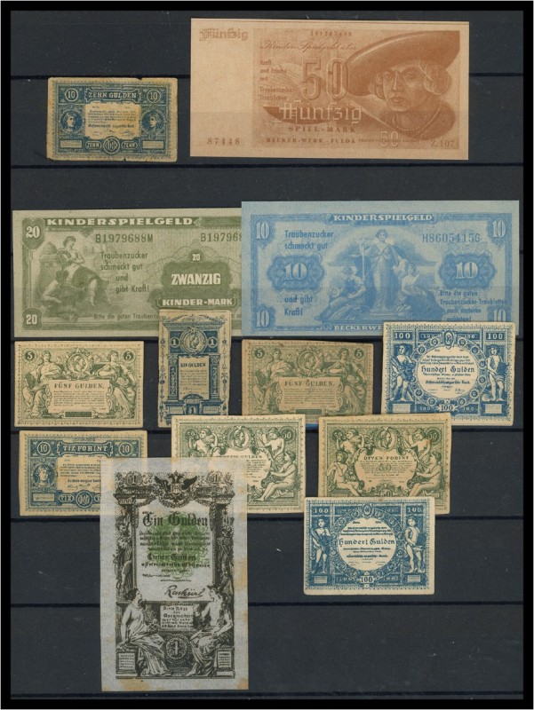 Spielgeld - Lot 13 verschiedene Banknotenminiaturen des Kaisertum Österreichs un...