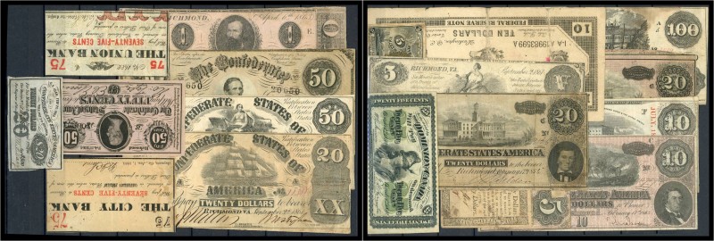 USA - Lot von ca. 25 Banknoten, vor 1900, darunter auch Ausgaben der Confoederie...