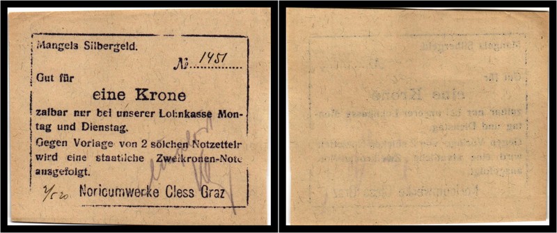 Graz - Noricumwerke Cless - 1 Krone braun und rot (Klebespur) - KKN.S 264a + b I...