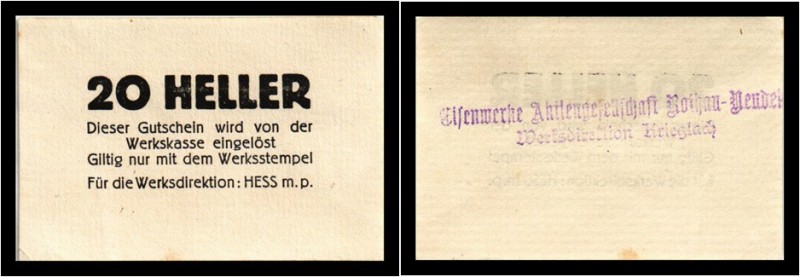 Krieglach - Eisenwerke - 2 Stück von 10, 20 Heller 1920 Werksdirektion, KKN.S481...