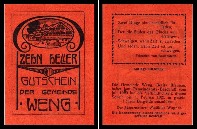 Wenig / Braunau - ca 70 Stück 10 Heller 1920 - 18 Farbvarianten, dazu 31 Werte u...