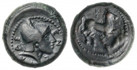 AE 17. 307-305 a.C. SICILIA. ENTELLA. Anv.: ENTE¶A¶. Cabeza con casco a derecha. Rev.: Caballo a derecha. 6,50 grs. AE. RARA. Calciati-8; SNG ANS-1325...