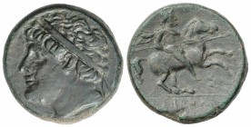 AE 26. 275-215 a.C. HIERÓN II. SICILIA. SIRACUSA. Anv.: Cabeza diademada de Hierón II a izquierda. Rev.: Jinete con casco, coraza, clámide y lanza gal...