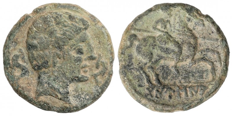 As. 120-20 a.C. DANUSIA (Botija, Cáceres). Anv.: Busto masculino a derecha, entr...