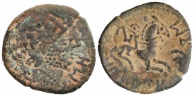 As. 120-20 a.C. OILAUNICOS (Zona norte del Ebro). Anv.: Cabeza barbada a derecha, delante letras ibéricas SOS, detrás punto. 11,21 grs. AE. AB-1861. M...