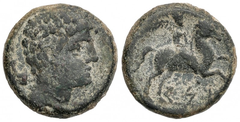 As. 220-200 a.C. CESE (Tarragona). Anv.: Cabeza masculina a derecha, detrás proa...