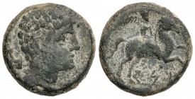 As. 220-200 a.C. CESE (Tarragona). Anv.: Cabeza masculina a derecha, detrás proa de nave. Rev.: Jinete a derecha con palma. 11,46 grs. AE. (Oxidacione...