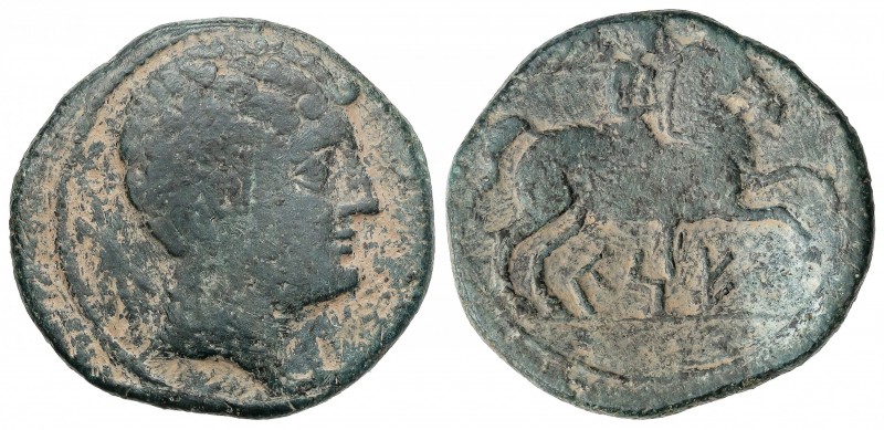 As. 220-200 a.C. CESE (Tarragona). Anv.: Cabeza masculina a derecha, detrás, haz...