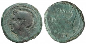 Uncia. 217-215 a.C. ANÓNIMA serie semi-librale. Anv.: Cabeza de Roma a izquierda, detrás glóbulo. Rev.: Proa de nave a derecha, encima ROMA, debajo gl...