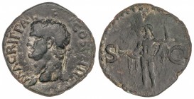As. Acuñada el 23-32 d.C. AGRIPA. Anv.: M. AGRIPPA L. F. COS. III. Cabeza a izquierda con corona rostral. Rev.: S.C. Neptuno en pie a izquierda con tr...