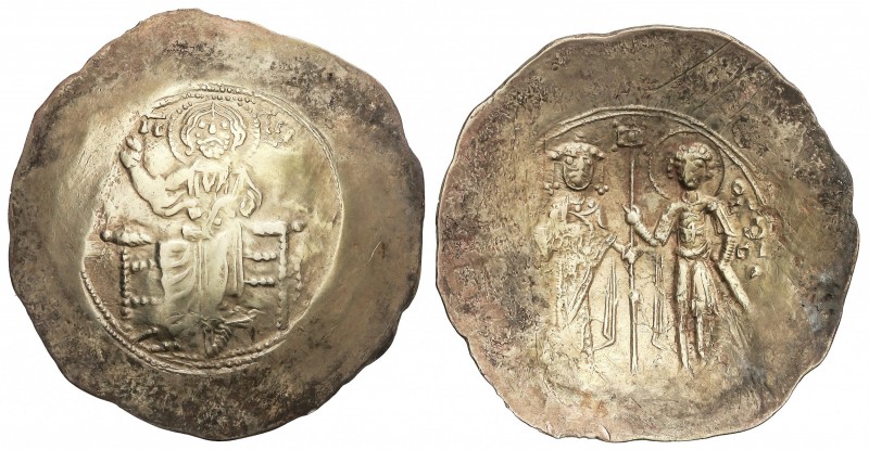 Aspron Trachy. JUAN II (1118-1143 d.C.). TESALÓNICA. Anv.: Cristo entronizado da...