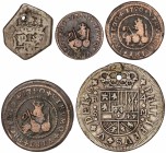 Lote 5 monedas 1, 2, 4 Maravedís, 2 y 4 Reales. 1718, 1720 y 1737. BARCELONA, GUATEMALA y SEVILLA. 1, 2 y 4 Maravedís 1720 Barcelona, 2 Reales 1737 (G...