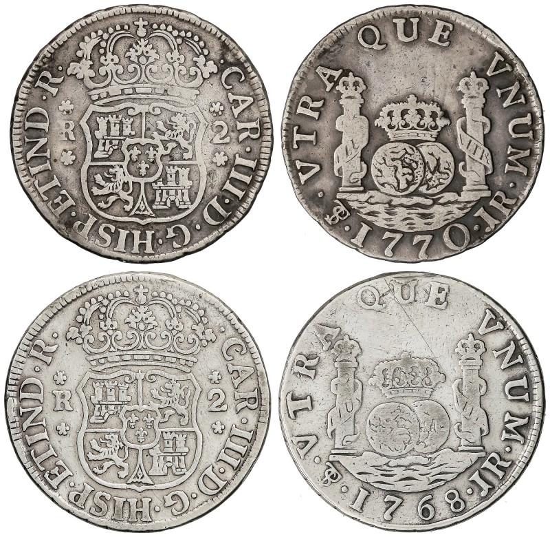 Lote 2 monedas 2 Reales. 1768, 1770. POTOSI. Columnarios. A EXAMINAR. AC-707, 71...