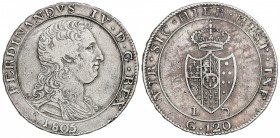 Piastra (120 Grana). 1805. FERNANDO DE DOS SICILIAS. NÁPOLES. L.D. 27,42 grs. AR. MIR-423; Vti-307. MBC.