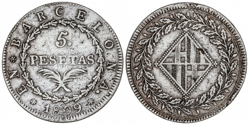 5 Pesetas. 1809. BARCELONA. 26,77 grs. (Golpes en canto y hojita en reverso). AC...