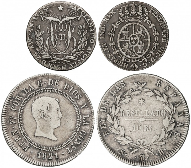 Lote 10 Reales resellado y medalla proclamación 2 Reales. 1808 y 1821. MADRID. A...