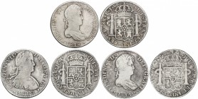 Lote 3 monedas 8 Reales. 1810, 1814 y 1818. LIMA, MÉXICO y POTOSÍ. (Oxidaciones limpiadas). Pátina. AC-1247, 1313, 1382. MBC- a MBC.