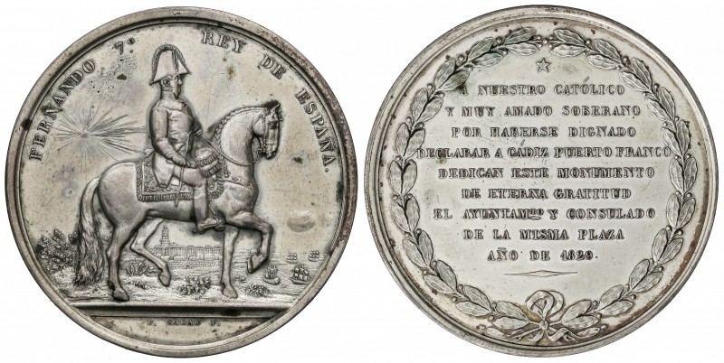 Medalla Monumento ecuestre de Fernando VII. 1829. CÁDIZ. 28,30 grs. Br plateado....