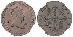 2 Maravedís. 1845. SEGOVIA. Encapsulada por NN Coins (nº 2762875-166) como MS 63. Restos de color y brillo originales. AC-57. SC-.
