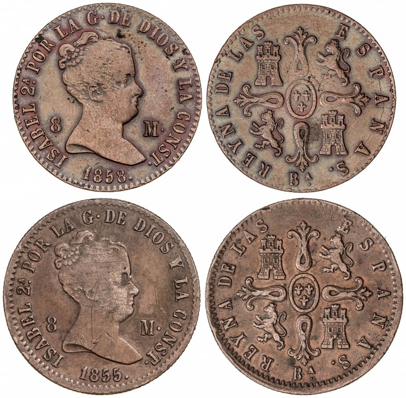 Lote 2 monedas 8 Maravedís. 1855 y 1858. BARCELONA. 10,03 grs. (Leves golpecitos...