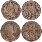 Lote 2 monedas 8 Maravedís. 1855 y 1858. BARCELONA. 10,03 grs. (Leves golpecitos). Cal-470, 471. MBC-/MBC y MBC+.