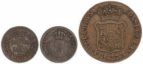 Lote 3 monedas 6 Cuartos y Décima de Real (2). 1837, 1851 y 1853. BARCELONA y SEGOVIA (2). 13,81, 3,79 y 3,73 grs. 6 Cuartos 1837 Barcelona MBC+ (acuñ...