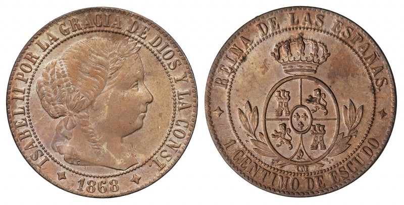 1 Céntimo de Escudo. 1868. JUBIA. O.M. 2,60 grs. Brillo original. AC-220. SC.