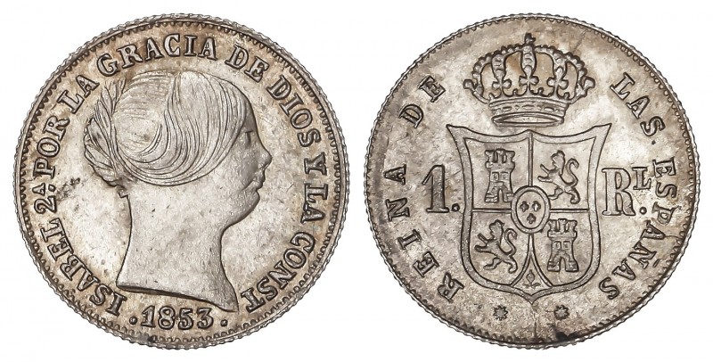 1 Real. 1853. BARCELONA. 1,27 grs. Brillo original, pátina. AC-276. SC.