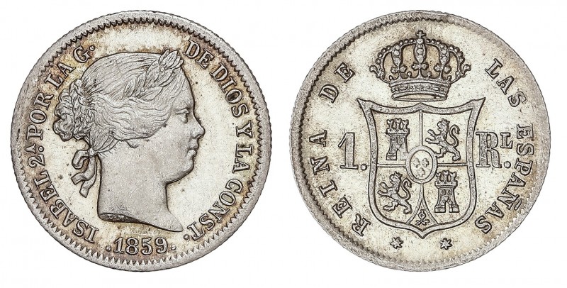 1 Real. 1859/7. MADRID. 1,40 grs. Brillo original. AC-307. EBC+.