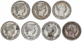 Lote 7 monedas 1 Real. 1852 a 1863. BARCELONA (3), MADRID (3) y SEVILLA. Todas diferentes. A EXAMINAR. MBC a EBC-.