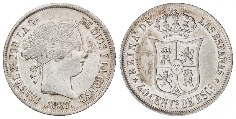 40 Céntimos de Escudo. 1867. MADRID. 5,25 grs. (Leves golpecitos en gráfila). Pá...