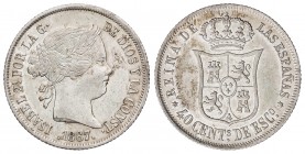 40 Céntimos de Escudo. 1867. MADRID. 5,25 grs. (Leves golpecitos en gráfila). Pátina irregular. AC-502. SC-.