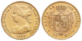 10 Escudos. 1868 (*18-68). MADRID. 8,34 grs. Restos de brillo original. AC-815. EBC/EBC+.