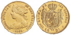 Reproducción 10 Escudos. 1869. (MADRID). 8,02 grs. AU / 700. Reproducción moderna. SC.