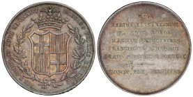 Medalla Boda Real. 1846. BARCELONA. Anv.: DIE X OCTOBRIS ANNI MDCCCXLVI BARCINO FIDELIS EXVLTAT. Escudo de Barcelona con láurea y corona. Rev.: Leyend...