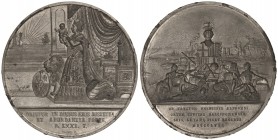 Medalla Nacimiento Príncipe Alfonso. 1857. BARCELONA. Anv.: Isabel II con el príncipe, trono y león con escudo. En exergo: ORIETVE IN DIEBVS ESVS IVST...