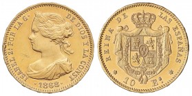 10 Escudos. 1868 (*18-73). 8,37 grs. AU. Acuñada durante el período de la I República con busto de Isabel II. (Rayitas y golpecitos). AC-41. (EBC-)....
