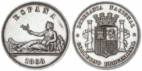Medalla. 1868. 25,28 grs. AR. Ø 37 mm. Grabador: L.M. (Luis Marchionni). Sirvió de modelo para la realización del Duro de 1869. (Rayitas. Limpiada. Go...