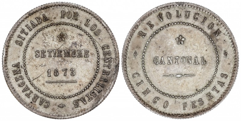 5 Pesetas. 1873. CARTAGENA. Anv.: 85 perlas. Rev.: 80 perlas. 28,24 grs. Anverso...