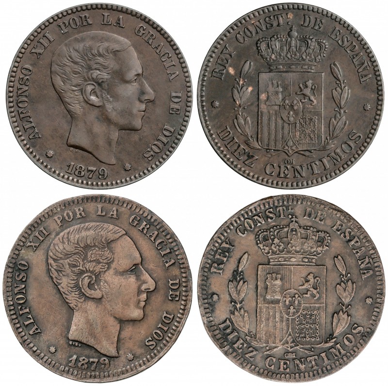 Lote 2 monedas 10 Céntimos. 1879. BARCELONA. O.M. Una Falsa de Época. MBC+.