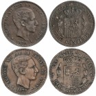 Lote 2 monedas 10 Céntimos. 1879. BARCELONA. O.M. Una Falsa de Época. MBC+.