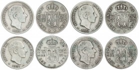 Lote 4 monedas 10 Centavos de Peso. 1881, 1882, 1883 y 1885. MANILA. A EXAMINAR. BC- a MBC+.