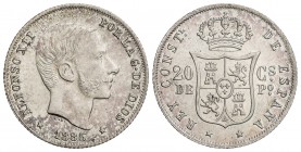 20 Centavos de Peso. 1885. MANILA. Pátina y brillo originales. SC-.