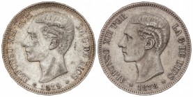Lote 2 monedas 5 Pesetas. 1878 y 1879. 1878 (*18-78) E.M.-M. y 1879 (*18-79) E.M.-M. La de 1878 con pátina original. EBC- y MBC+.