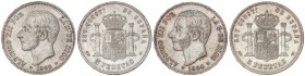 Lote 2 monedas 5 Pesetas. 1884 y 1885. 1884 (*18-84) M.S.-M. y 1885 (*18-85) M.S.-M. Restos de brillo original. EBC-.