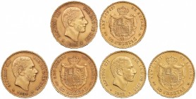 Lote 3 monedas 25 Pesetas. 1882, 1883 y 1884. La de 1882 segunda estrella anepígrafa. MBC+ a EBC-.