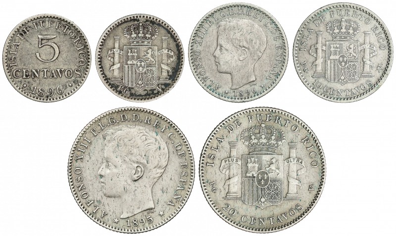 Lote 3 monedas 5, 10 y 20 Centavos de Peso. 1895 y 1896. PUERTO RICO. P.G.-V. A ...