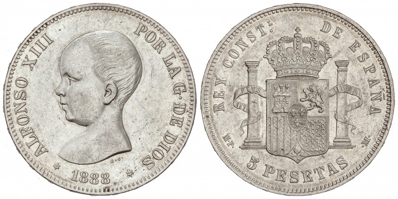 5 Pesetas. 1888 (*18-88). M.P.-M. (Levísimos golpecitos). Restos de brillo origi...